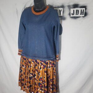 Melange Girl Denim Drop Waist Dress with Leopard Pleat skirt sz 18